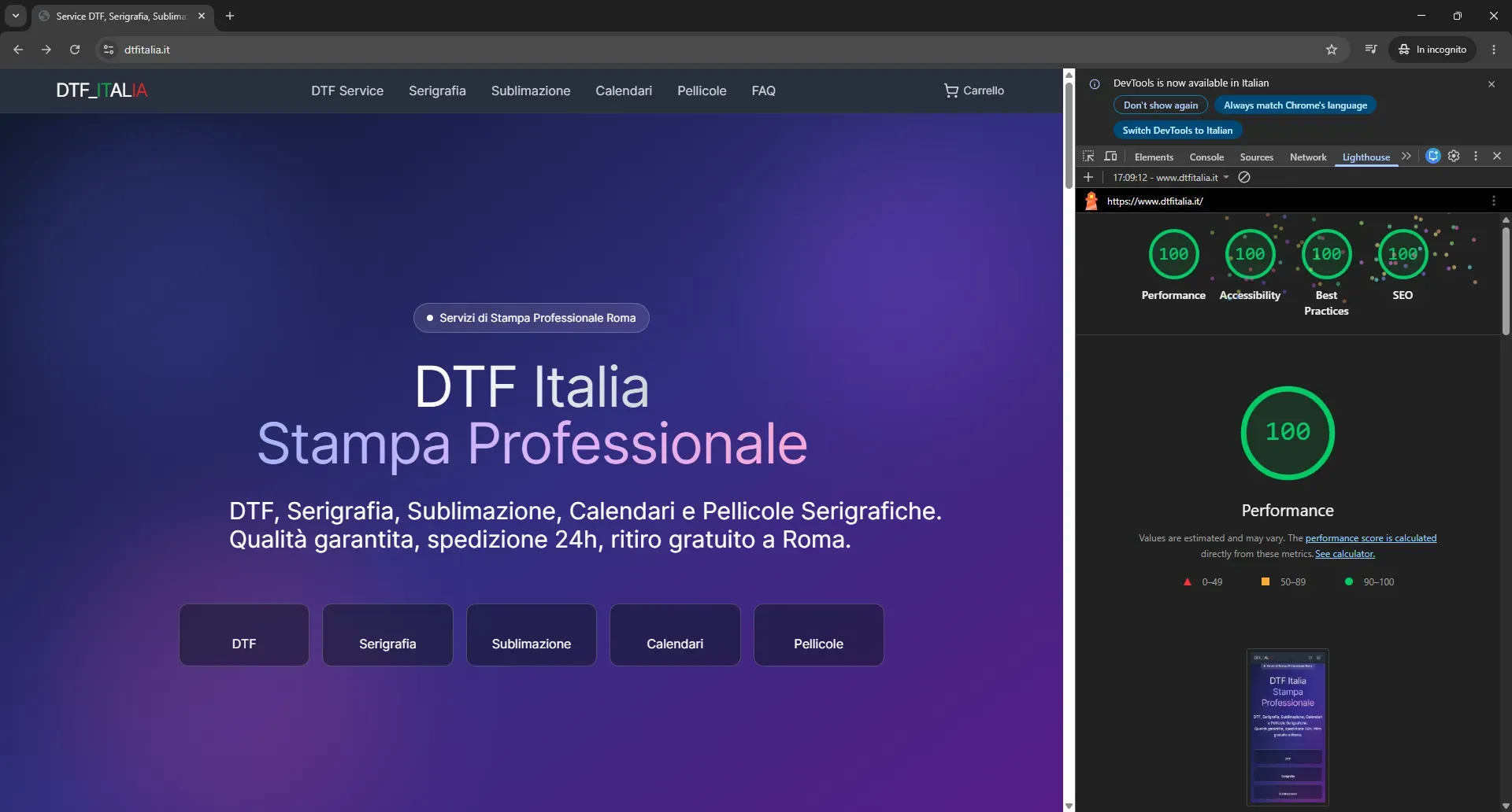 Screenshot del test Lighthouse per DTF Italia, e-commerce headless: punteggio 100 su 100 in Performance, Accessibility, Best Practices e SEO.