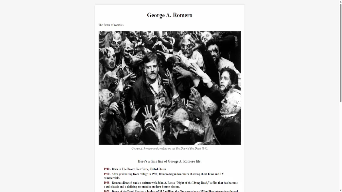Screenshot della tribute page di George A. Romero, progetto per la certificazione FreeCodeCamp.