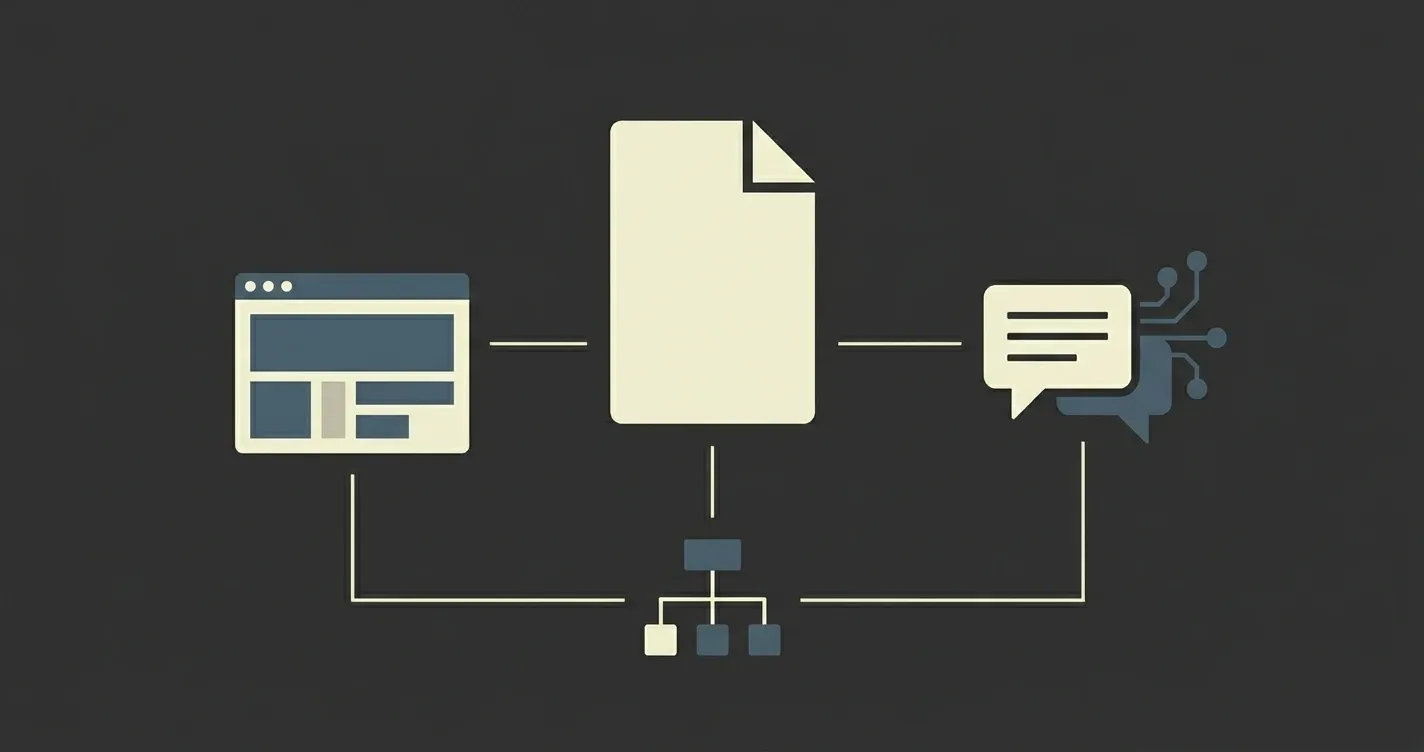 Illustrazione minimal di un file llms.txt collegato a un sito web e a un sistema di intelligenza artificiale