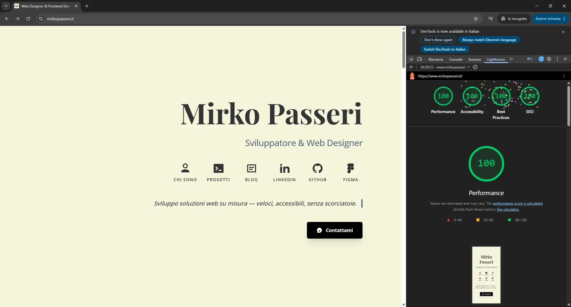 Screenshot del test Lighthouse per il portfolio di Mirko Passeri: punteggio 100 su 100 in Performance, Accessibility, Best Practices e SEO.