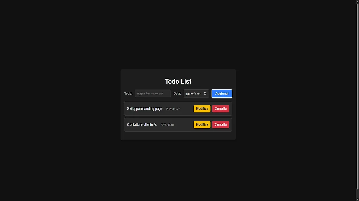 Screenshot dell'app To Do List React, permette di creare e gestire un elenco di task.